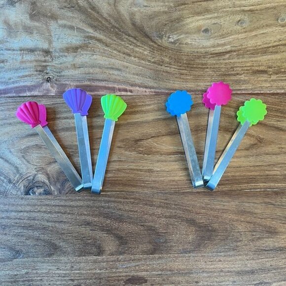 Stainless Steel & Silicone Tongs With Colorful Shell And Flower Designs Set Of 6 - Picture 1 of 8